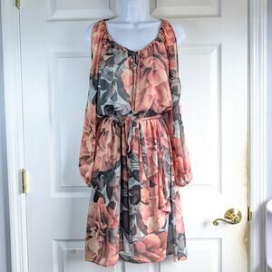 Jennifer Lopez Dress M Medium Floral Chiffon Cold Shoulder Open Sleeve Tie Neck